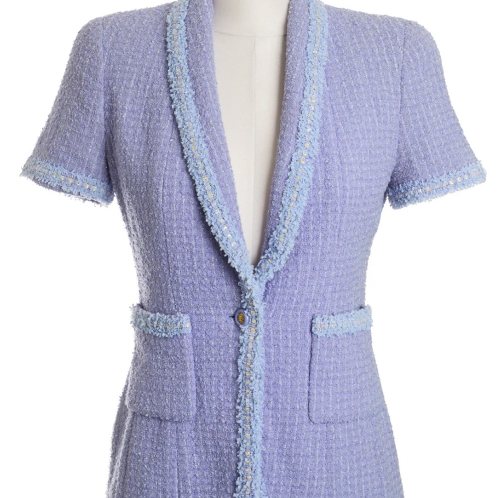 found it 🙌🏼 looking for this lilac Short Sleeve Tweed Blazer chanel barbie 1995